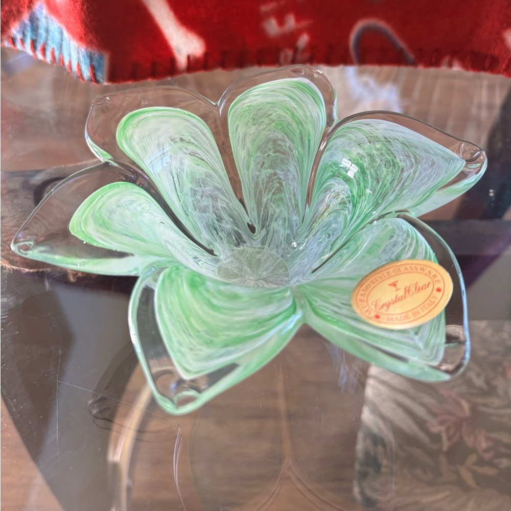 Vintage Murano hand blown green glass petal flower